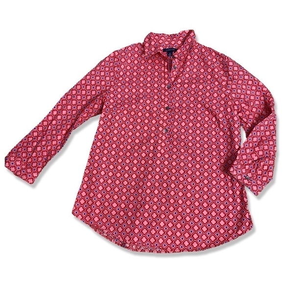 ⭐️LANDS END Multi Red Pink Button Shirt Popover Blouse 3/4 Sleeve - Picture 2 of 6